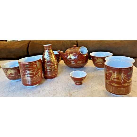 九谷烧珊瑚红釉金彩壶 Japanese Kutani Porcelain Painted Red Gold Phoenix Art Teapot Set - Picture 1 of 13